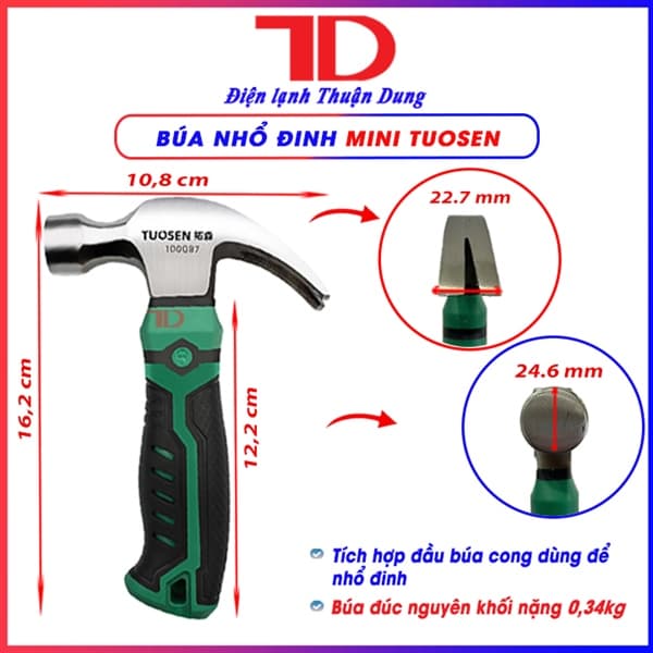 Búa lùn mini Tuosen cầm tay đóng đinh, búa nhổ đinh chính hãng đúc nguyên khối, khối lượng 0.34kg, búa Tousen 100087