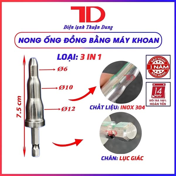 Nong ống đồng bằng máy khoan phi 6,10,12. Nong 3IN1 - Loại tròn