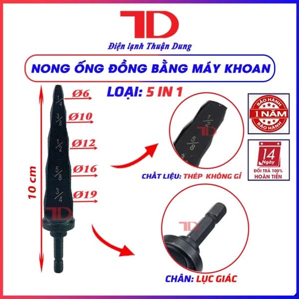 Nong ống đồng bằng máy khoan phi 6 (1/4"), 10 (3/8"), 12 (1/2"), 16 (5/8"), 19 (3/4"), (Gia công + cắt dây CNC), model CT-900S-5S - Dunnex (thùng 100 bộ). Nong 5IN1 Loại dẹp - Dunnex